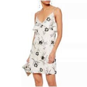 NWT Alice + Olivia Bess White Black Floral Ruffle Neck Silky Mini Dress XS